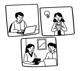 black and white One line art group business team meeting and working collaboration in office workplace concept. flat vector illustration set cartoon character design concept