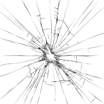 Broken glass on a dark background. After the impact, the glass surface has cracks diverging from the point of impact or bullet hit. The concept of destruction, vulnerability and fragility of existence