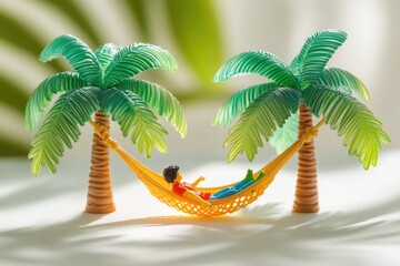 Naklejka premium Miniature person relaxing in a hammock between two toy palm trees, idyllic summer scene.