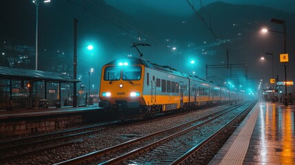 Fototapeta premium Night Train Station in the Mist