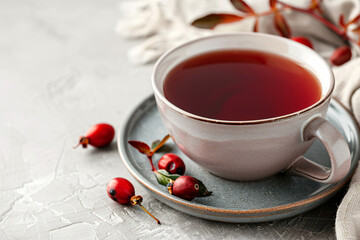 A simple, elegant cup of herbal dogrose tea, minimalits, dogrose branch with berries