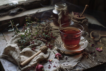 A warm cup of herbal dogrose tea with a deep ruby hue, served in a clear glass teacup. Dried dogrose berries, fresh rose hips, and a touch of wild thyme on a rustic wooden tray