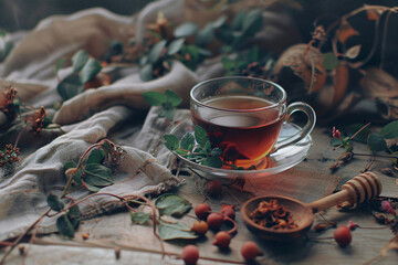 A warm cup of herbal dogrose tea with a deep ruby hue, served in a clear glass teacup. Dried dogrose berries, fresh rose hips, and a touch of wild thyme on a rustic wooden tray