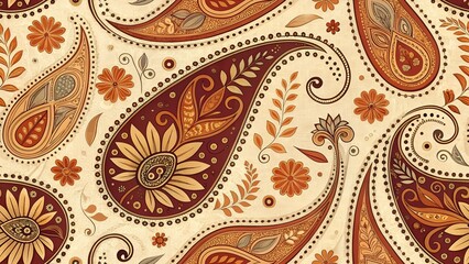 Ornate paisley pattern design with floral elements in warm colors for textile and graphic use