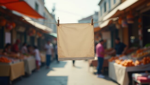 Vinyl Banner Mockup, Street market stalls vinyl banner bustling atmosphere photorealistic.