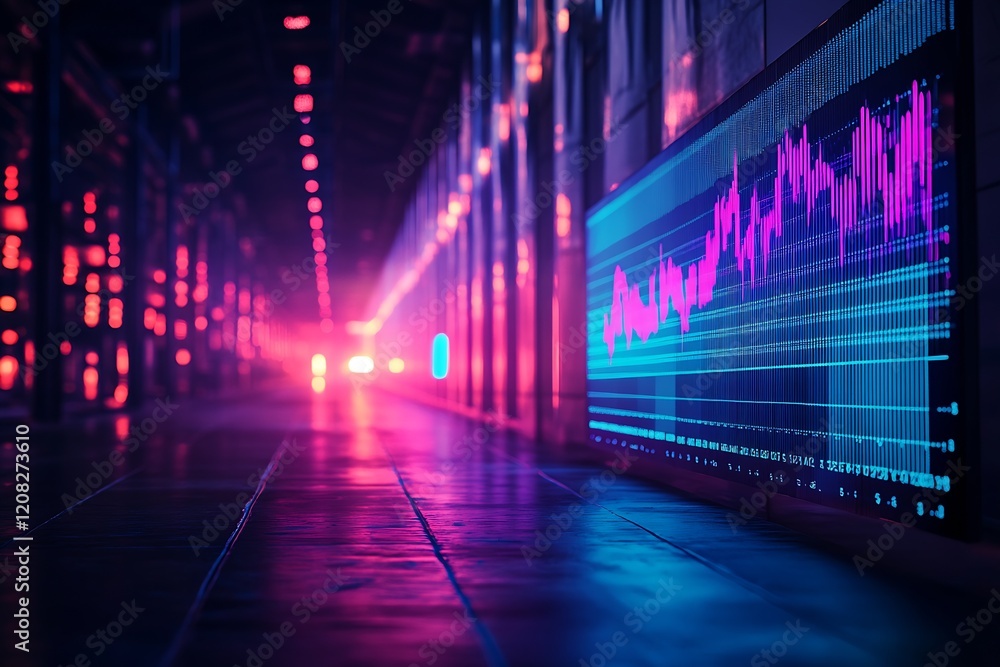 Poster vibrant neon light digital display in urban industrial setting : generative ai