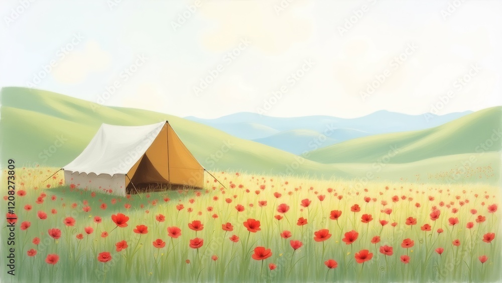 Poster the image is a digital illustration of a field of red poppies with a tent in the center. the field i