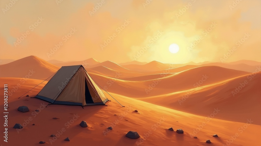 Poster the image is a digital illustration of a desert landscape with a tent set up in the center. the tent