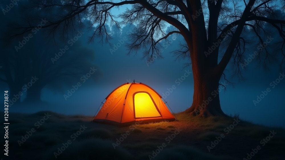 Poster the image shows a camping tent set up in the middle of a foggy forest at night. the tent is orange i