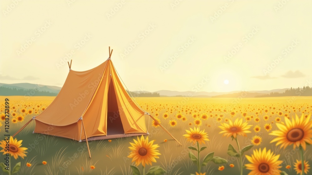 Poster the image shows a large orange tent set up in the middle of a field of sunflowers. the tent is facin