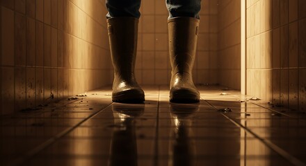 Emergency bathroom flood damage, broken plumbing leakage with wet flooded interior, household maintenance repair