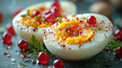 Obraz premium Delicious Boiled Eggs with Pomegranate and Spices: A Culinary Delight