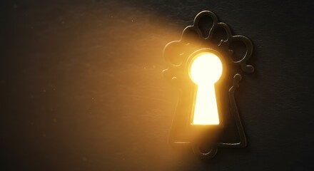 Golden light illuminates antique keyhole door.  Dark vintage brightness.