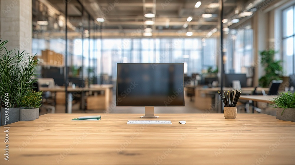 Poster empty wooden table with blurred office background and bokeh effect