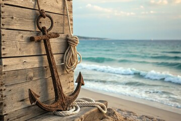 Ancient wooden anchor with ropes hanging down on a weathered wood background blue and white hues of the sea in the distance, cargo, history, wood