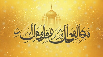 Arabic Calligraphy with Mosque Image on Gold Background