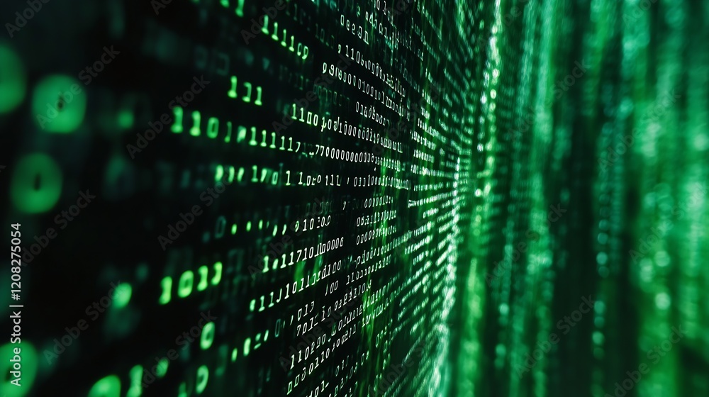 Aufkleber Green Digital Code Streaming Matrix Effect Data Flow Background : Generative AI