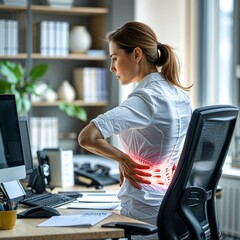 A woman working in an office has severe back pain at her workplace and touches her back. Ergonomic Alert: Woman Confronts Intense Back Pain at Desk, Urging Workplace Health Focus