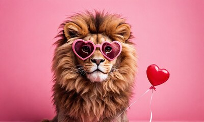 Fototapeta premium Lion wears heart-shaped sunglasses and holds a balloon against a pink background during a playful moment. Valentine’s Day, idea, joke, love
