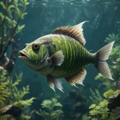 Archer fish in the water with algae on its body, blue, aquatic, environment