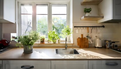 Modern kitchen featuring fresh greenery, wooden accents, and large windows