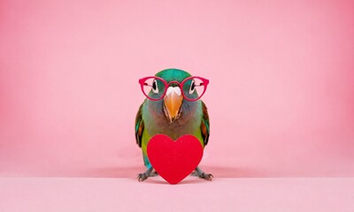 Colorful parrot wearing red glasses holds a heart against a pink background while showcasing its charming features. Valentine’s Day, idea, joke, love