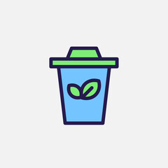 Trash can and leaf icon flat, free energy, ecology, renewable and green energy concept. Outline and filled colourful icon.