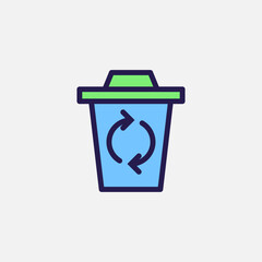 Recycle Trash can icon flat, free energy, ecology, renewable and green energy concept. Outline and filled colourful icon.