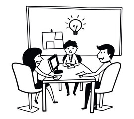 black and white One line art group business team meeting and working collaboration in office workplace concept. flat vector illustration set cartoon character design concept