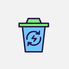 Trash can and recycle energy icon flat, free energy, ecology, renewable and green energy concept. Outline and filled colourful icon.