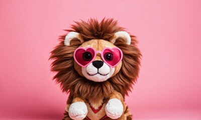 Fototapeta premium Cute lion wearing heart-shaped glasses against a pink background, perfect for Valentine's Day and adorable gifting. Valentine’s Day, idea, joke, love