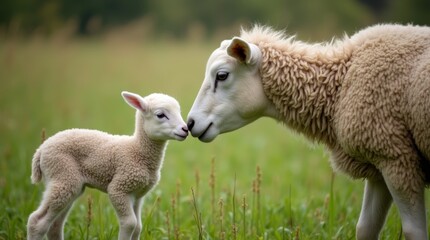 Obraz premium lamb nuzzling against its ewe in a lush green pasture