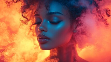 Fototapeta premium Woman in dramatic lighting with fiery smoke