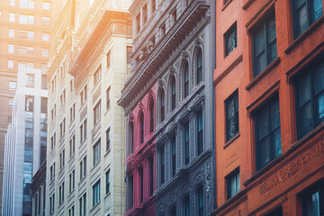 Fototapeta premium Tranquil City Skyline with Sunset Reflections, Modern Architecture, and Pastel Tones Creating a Serene Urban Landscape