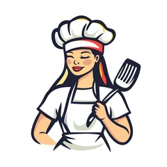 Female cook holding spatula, white background. Cooking recipe demo or illustration
