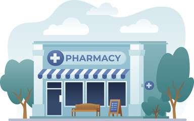 Pharmacy store building flat, color illustration. Isolated drugstore entrance. Shop graphic, health care concept on white background. Local business facade. Old vintage architecture of downtown.