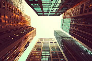 Tranquil City Skyline with Sunset Reflections, Modern Architecture, and Pastel Tones Creating a Serene Urban Landscape