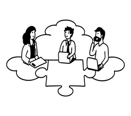 black and white One line art group business team meeting and working collaboration in office workplace concept. flat vector illustration set cartoon character design concept