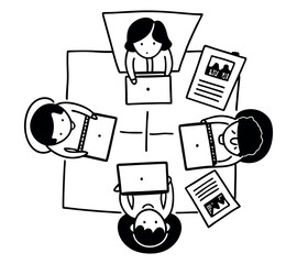 black and white One line art group business team meeting and working collaboration in office workplace concept. flat vector illustration set cartoon character design concept