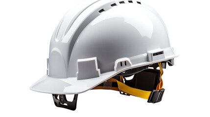 Fototapeta premium A durable white safety helmet shown from the side, with visible secure straps, studio view, isolated on transparent background.