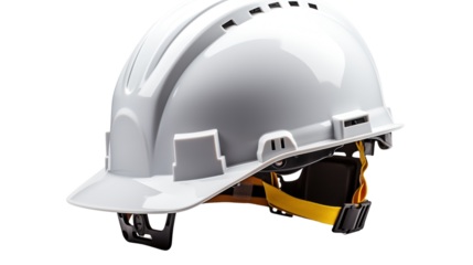 A durable white safety helmet shown from the side, with visible secure straps, studio view, isolated on transparent background.