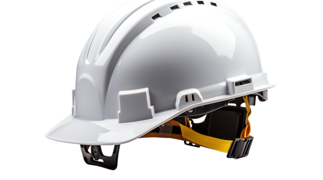 A durable white safety helmet shown from the side, with visible secure straps, studio view, isolated on transparent background.