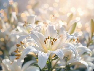 Fototapeta premium Beautiful white lilies blooming with blurry lights shining in the background, purity, botany, decorative, bouquet, pastel