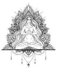 Tribal Goddess. Boho Girl over black and white ornate mandala. Vector ornate decorative illustration isolated on white. Buddhism esoteric motifs. Tattoo, spiritual yoga. Coloring book.