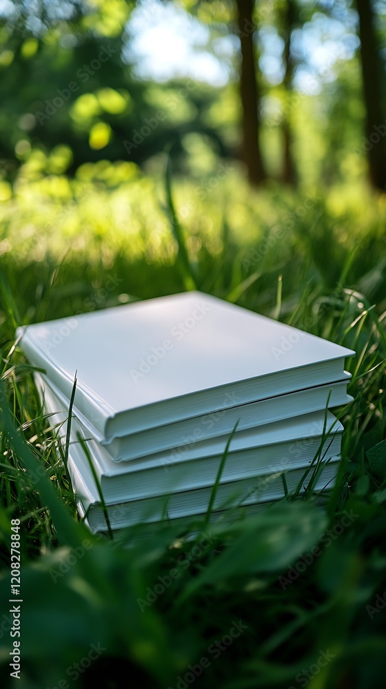 Poster Stack of Books on Green Grass in Forest Clearing with Soft Sunlight : Generative AI