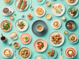 A flat lay showcasing an array of delectable breakfast dishes, from fluffy pancakes and crispy waffles to fresh fruit salads and creamy yogurt parfaits.