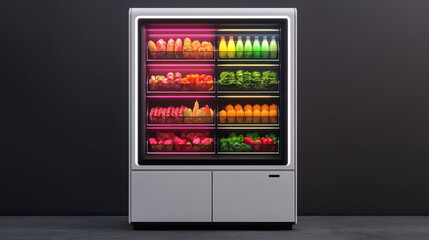 modern vending machine displays colorful fruits and vegetables with vibrant lighting