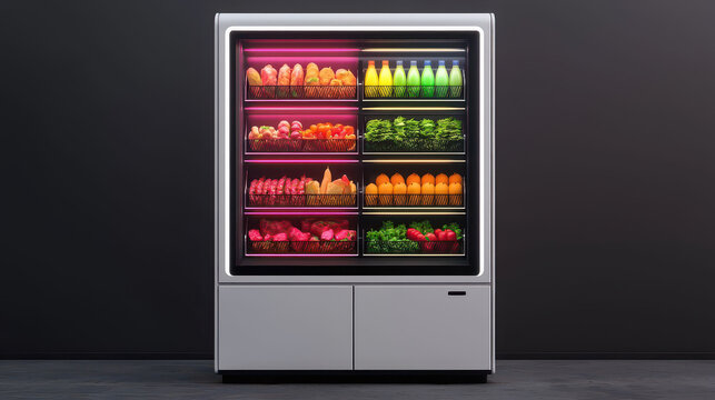 modern vending machine displays colorful fruits and vegetables with vibrant lighting
