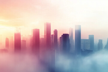 Obraz premium Tranquil City Skyline with Sunset Reflections, Modern Architecture, and Pastel Tones Creating a Serene Urban Landscape