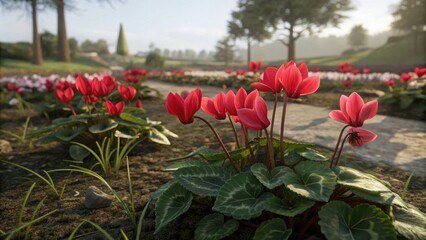 Obraz premium Blooming red spring cyclamen flowers in a garden bed, indoor plants, red spring cyclamen flowers, garden flowers, flowering plants